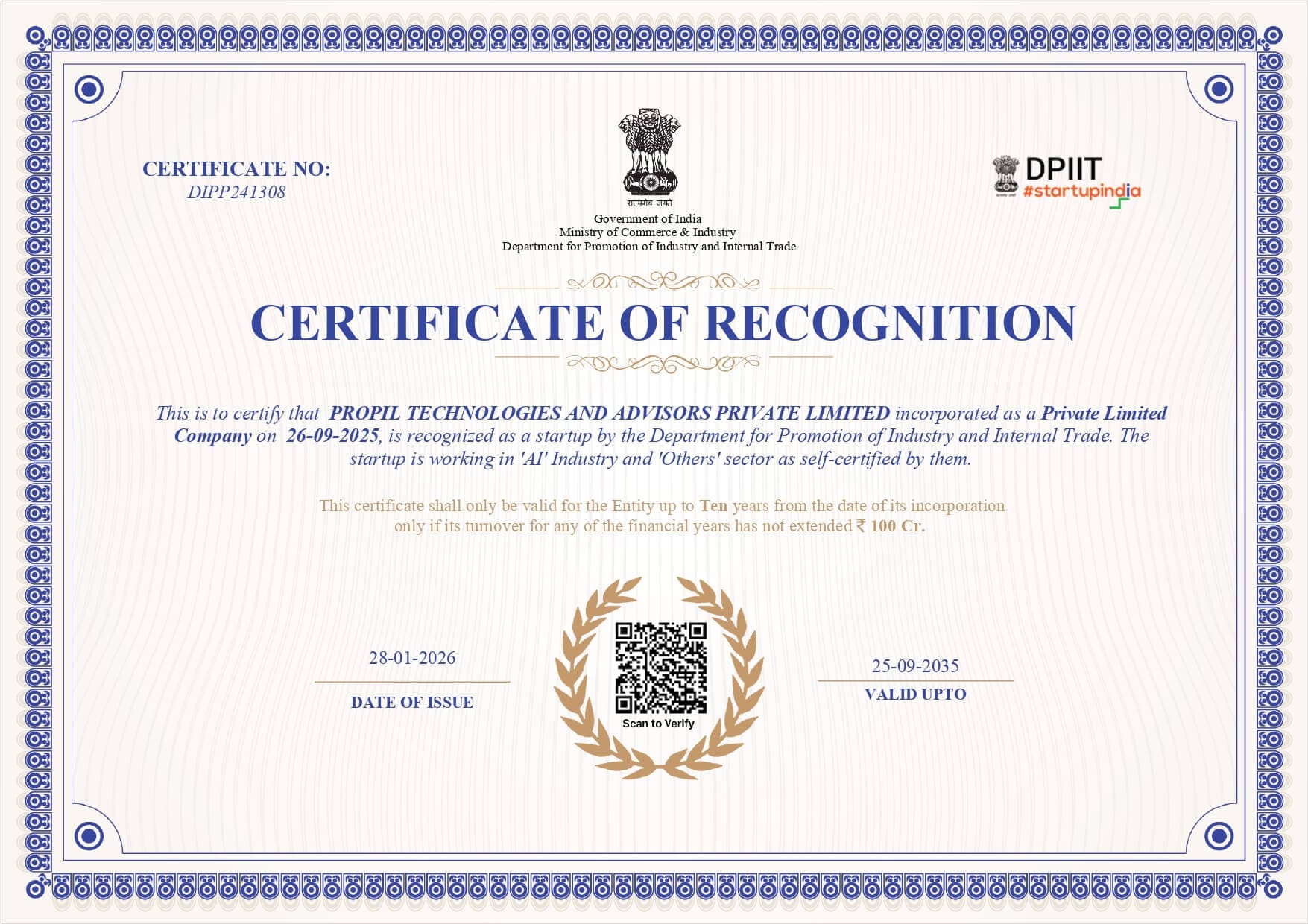 Recognized by Startup India